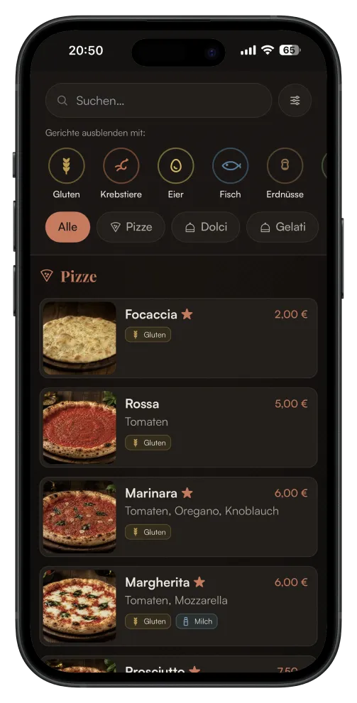 Il menu digitale Tàvly in Deutsch