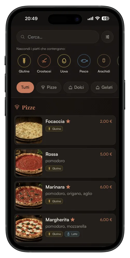 Il menu digitale Tàvly in Italiano