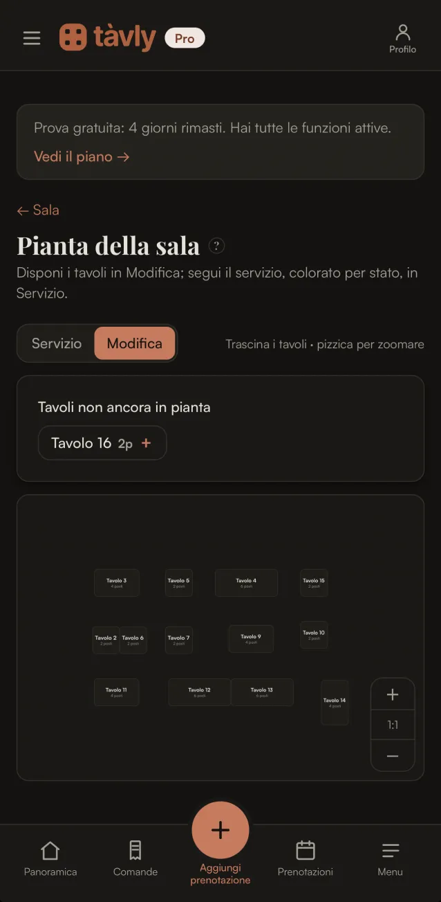 Pianta interattiva della sala con i tavoli assegnati